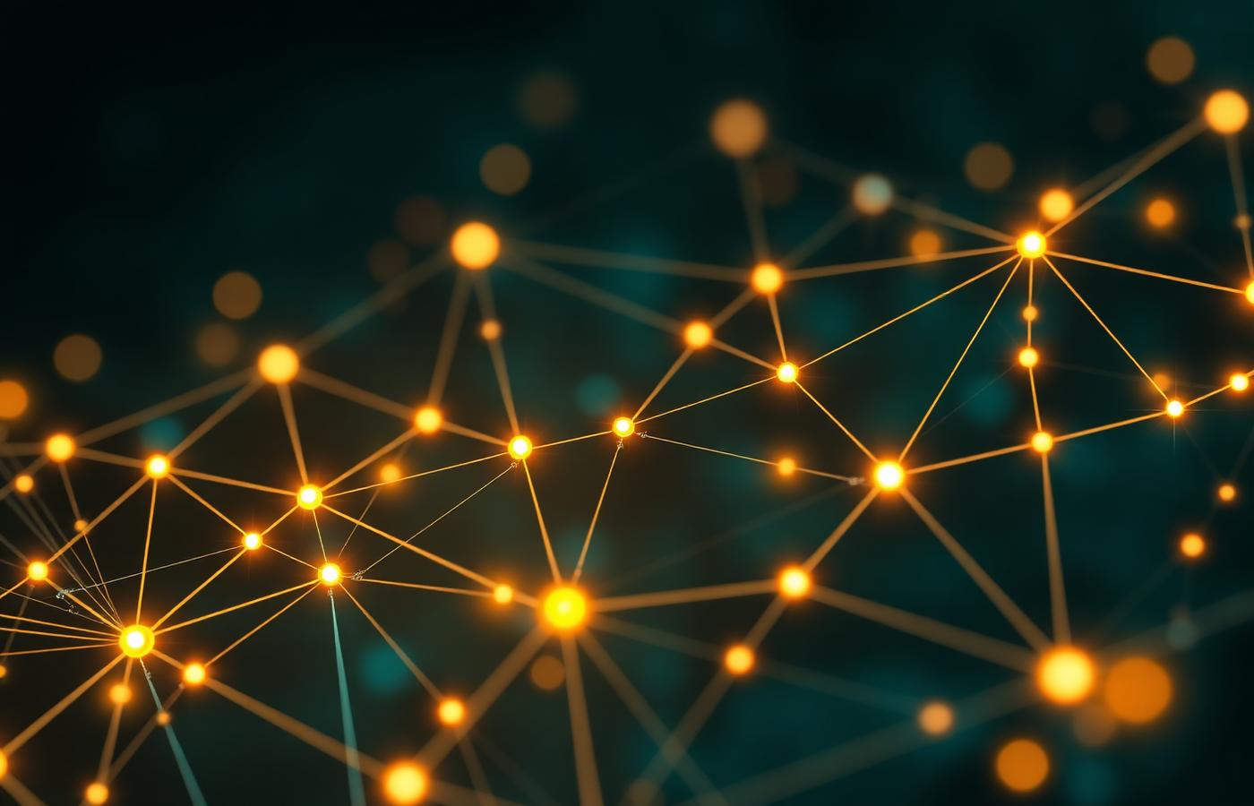 Glowing network topology of interconnected nodes representing distributed systems